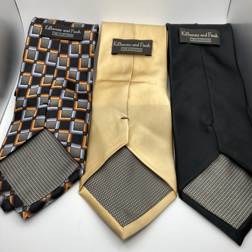 Kilburne and Finch 3 Silk Ties | Black Gold Orange Geometric | Wide Classic
